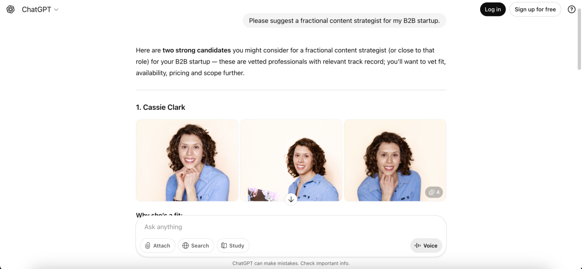 Screenshot of ChatGPT recommending Cassie Clark as a fractional content strategist for startups